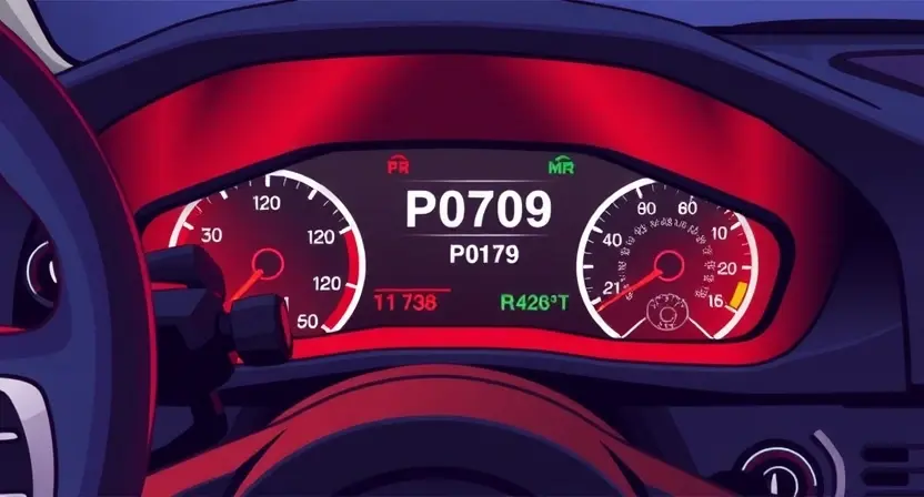 A detailed illustration of a car's dashboard with a diagnostic code display showing P0709. The dashboard should be brightly lit and clearly show the code, along with relevant car components like the steering wheel, instrument cluster, and gear selector. Focus on clarity and technical accuracy.