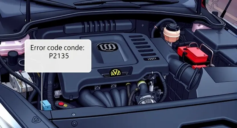 A close-up, detailed illustration of a car engine bay with a highlighted error code P2135 displayed on a dashboard screen. Focus on the engine components and diagnostic interface. The overall scene should convey a sense of technical inspection and potential repair.