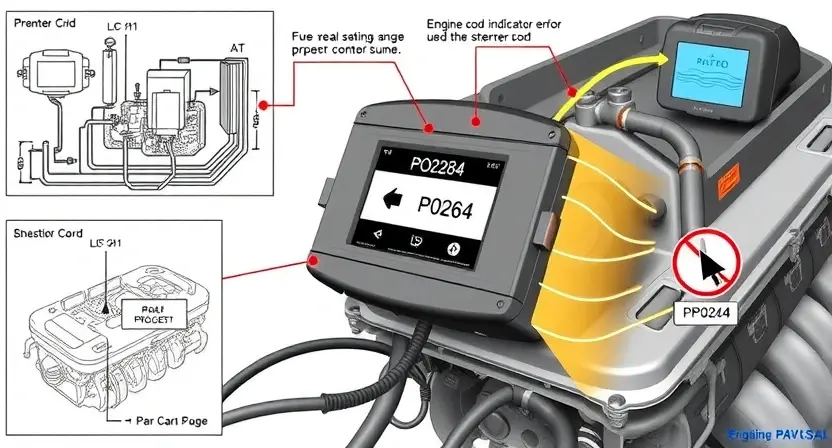 A detailed illustration of an engine control unit (ECU) with wiring diagrams and diagnostic tools surrounding it. Focus on the P0264 error code indicator light and associated components.