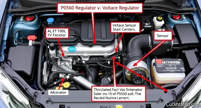 A detailed illustration of a car's engine bay with various components clearly visible, highlighting the electrical system and wiring related to the P0560 error code. Focus on the alternator, voltage regulator, and related sensors.