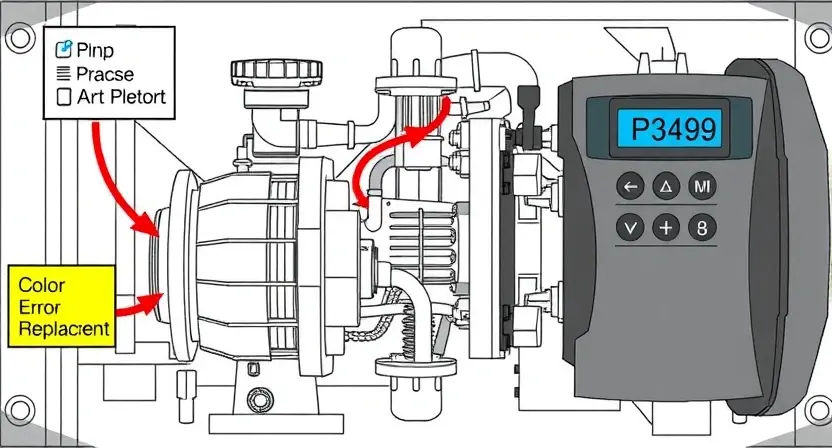A high-quality technical illustration showing a cooling pump of an inverter with visible error code P3499, highlighting components like the pump motor, coolant pipes, and electronic control unit, with a focus on diagnostic tools and replacement parts, clean technical drawing style, no text or numbers on image