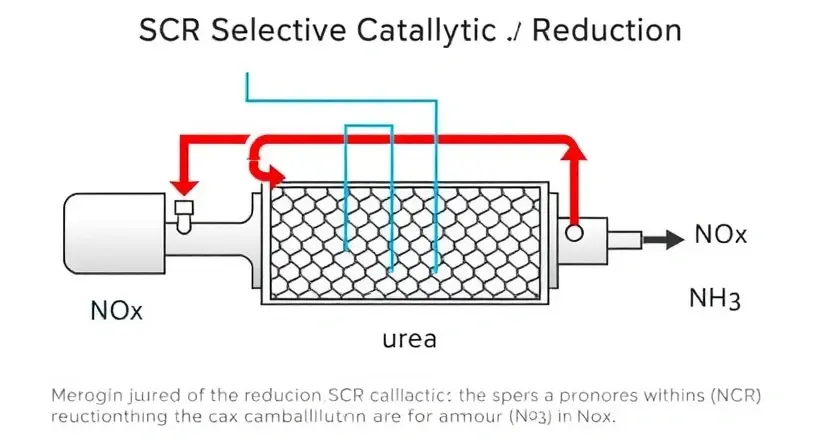 A detailed diagram illustrating the SCR (Selective Catalytic Reduction) system, focusing on the role of urea in the process. The diagram should show the urea injection, the reaction within the SCR catalyst, and the resulting reduction of NOx. Include visual representations of nitrogen oxides (NOx) and ammonia (NH3) molecules.
