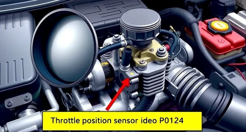 A detailed illustration of a car engine with a focus on the throttle position sensor, highlighting the components involved in the P0124 error. The image should show the sensor and its connections, with a clear view of the throttle body and related wiring. The scene should be well-lit and realistic, emphasizing the technical aspects of the engine.