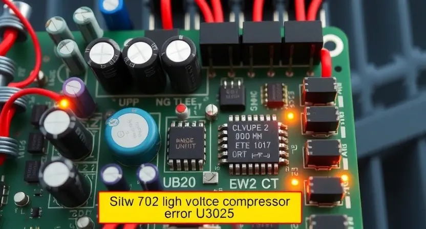 A close-up, detailed illustration of a high-voltage air conditioner compressor circuit board. Focus on the components related to error U3025, highlighting potential points of failure like capacitors, resistors, and integrated circuits. Include subtle visual cues suggesting electrical activity, such as faint glows or energy flows. The background should be a blurred representation of the compressor unit.