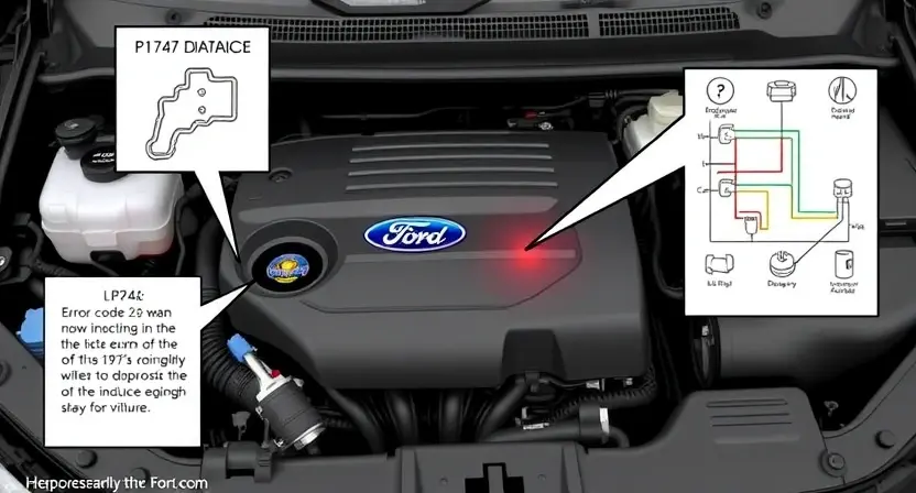 A detailed illustration of a Ford vehicle's engine bay, highlighting the P1747 error code indicator light. Include relevant wiring diagrams and diagnostic tools. Focus on clarity and technical accuracy.