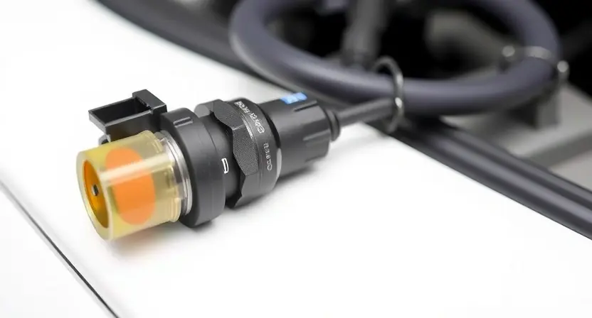 A close-up, detailed image of a car's AdBlue tank sensor and associated wiring. The sensor should be clearly visible, showing its physical components. The wiring should be neatly organized and connected to the sensor. The background should be blurred, focusing attention on the sensor and wiring. The overall lighting should be bright and even, highlighting the details of the components.