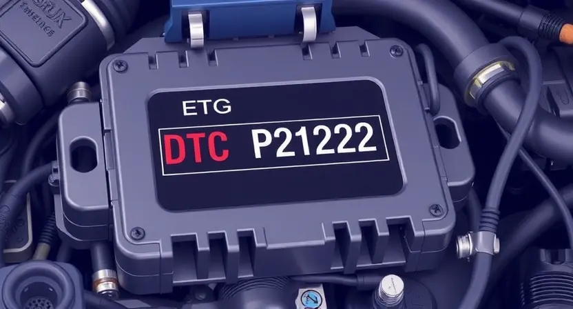 A close-up, detailed illustration of an engine control unit (ECU) with highlighted diagnostic trouble code (DTC) P2122. The ECU should be surrounded by relevant automotive components like sensors and wiring harnesses, subtly suggesting a vehicle's engine bay. Focus on the electronic components and wiring, emphasizing the technical aspect.