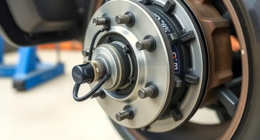 A close-up, detailed illustration of a car's front right wheel hub assembly. The focus should be on the wheel speed sensor and its connection to the brake rotor. Show the sensor's wiring and its position relative to the rotor's teeth. The background should be blurred, suggesting a workshop environment. Emphasize the mechanical components and the sensor's integration within the wheel system.