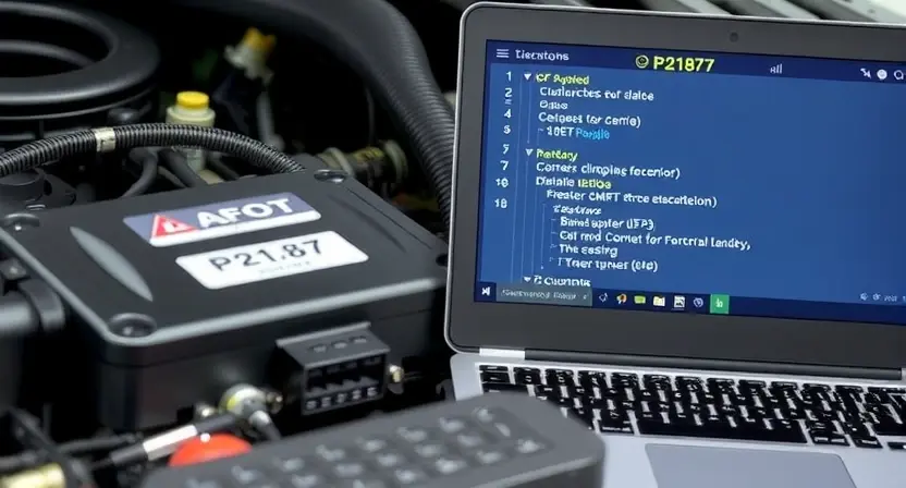 A close-up, detailed image of a car's engine control unit (ECU) with diagnostic codes displayed on a connected laptop screen. The ECU should be prominently featured, showing various connectors and components. The laptop screen should clearly display the P2187 error code, along with related diagnostic information. Focus on the technical aspects of the engine control system.