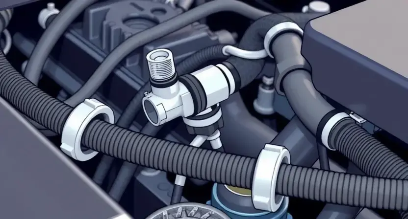 A close-up, detailed illustration of a car engine bay with a focus on the engine coolant temperature sensor and related hoses. The sensor should be clearly visible, and the hoses should be depicted with realistic textures and connections. The overall lighting should be bright and clean, highlighting the components.