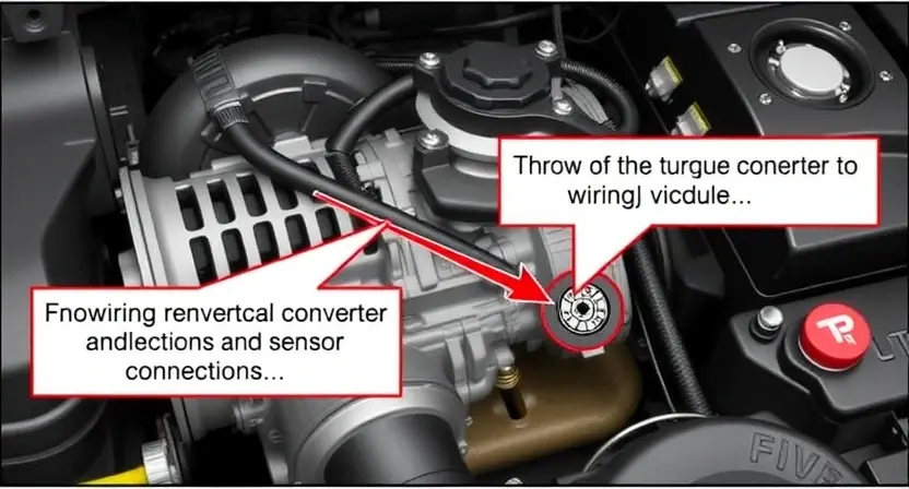 A detailed diagram illustrating a vehicle's transmission system, specifically highlighting the torque converter and its connection to the transmission control module. Show the wiring harness and sensor connections related to the torque converter. Focus on the physical components and their arrangement within the engine bay.