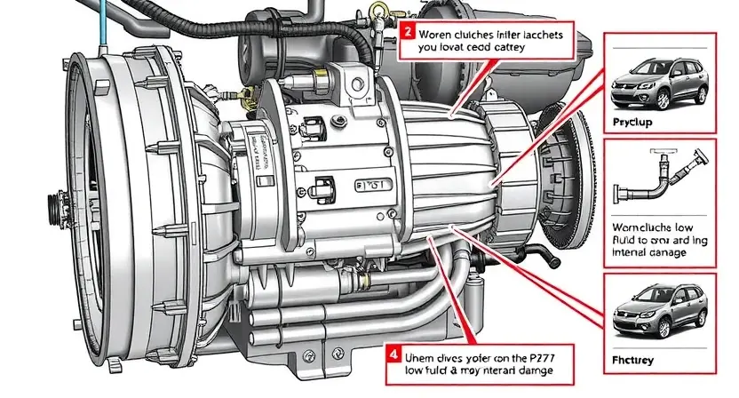 A detailed illustration of a car's transmission system, highlighting the P2757 error code indicator. Include visual representations of potential causes like worn clutches, low fluid, or internal damage. Focus on clarity and technical accuracy.