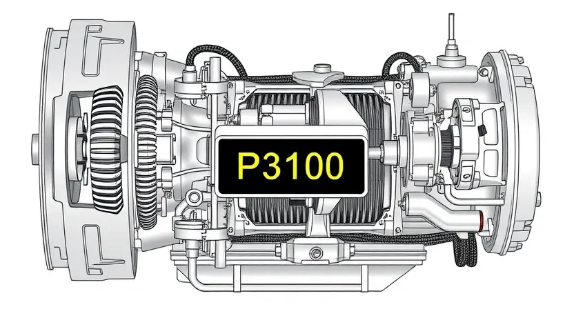 A detailed illustration of a hybrid transmission system, highlighting the P3100 error code indicator. The image should show various components like gears, shafts, and electronic control units. Focus on the error code display and its connection to the overall system.
