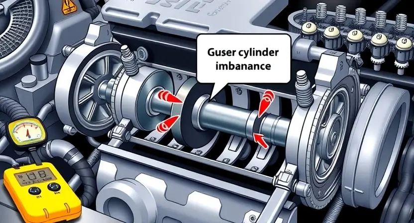 A detailed illustration of an engine block with a highlighted cylinder imbalance issue. Show a visual representation of the crankshaft and connecting rods, with arrows indicating the imbalance. Include diagnostic tools like a scan tool and a pressure gauge near the engine. The fuel system components (fuel injectors, fuel rail, PCM) should be subtly visible in the background.