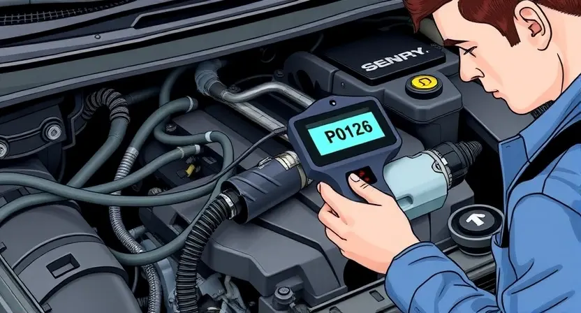 A close-up, detailed illustration of a car engine bay with a mechanic using a diagnostic scanner connected to the car's port. The focus should be on the scanner displaying a P0126 error code. The engine should be clean and well-lit, showcasing various components like hoses, belts, and the intake manifold. The mechanic should be wearing professional attire and appear focused on the task. The background should be slightly blurred to emphasize the engine and the scanner.