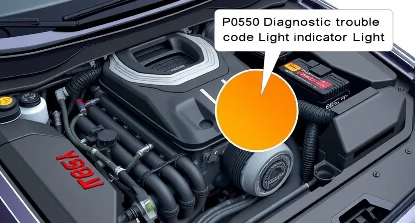 A detailed illustration of a car's engine bay, specifically highlighting the P0550 diagnostic trouble code indicator light. The engine should be partially visible, showcasing various components like hoses, belts, and sensors. The code indicator should be clearly visible and illuminated.
