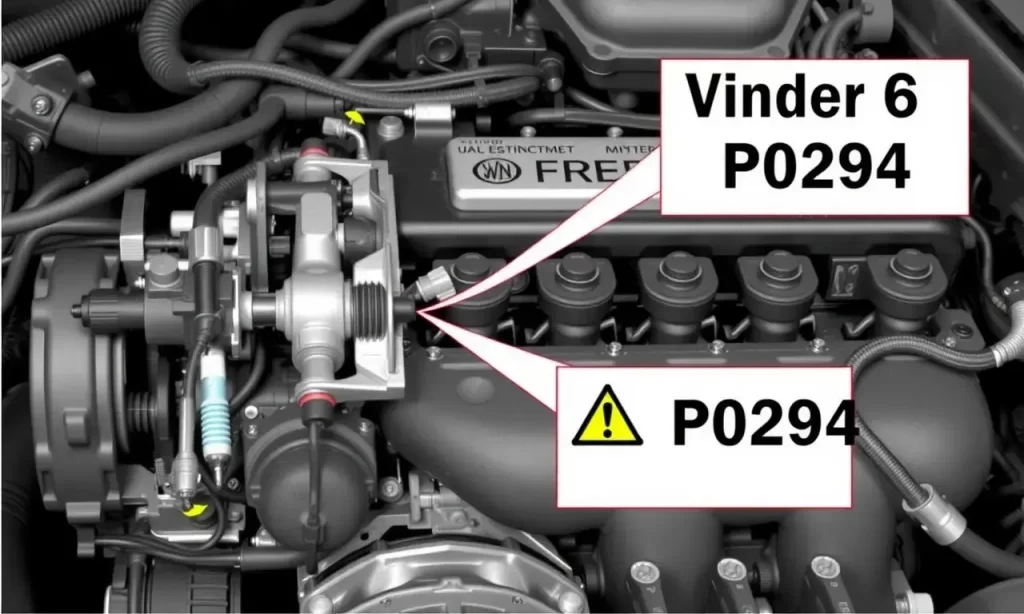 A detailed technical diagram showing the components of a car engine related to cylinder 6 misfire, including fuel injector, spark plug, and cylinder head, with a warning sign indicating error code P0294, no text or numbers visible