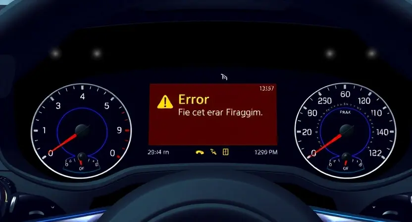 A close-up, detailed illustration of a car's dashboard with a prominent error message displayed on the infotainment screen. The dashboard should be clean and modern, with visible gauges and buttons. The error message should be clearly readable, but the specific text is not important. Focus on the visual representation of the error notification within the dashboard context. The overall lighting should be realistic and highlight the screen.