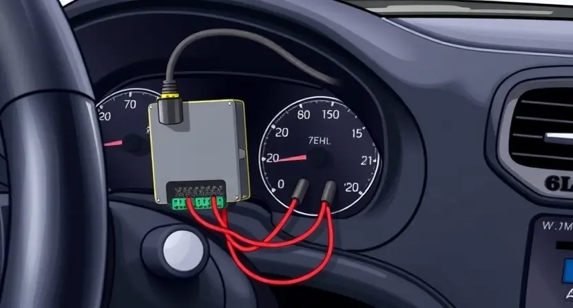 A detailed illustration of a car's dashboard with a highlighted electronic control unit (ECU) or instrument panel control (IPC) module. Wires connecting the IPC to other vehicle systems should be visible, with one wire depicted as disconnected or broken, symbolizing a loss of communication. The background should show a simplified representation of the car's interior. Focus on the electrical connections and the IPC module itself.