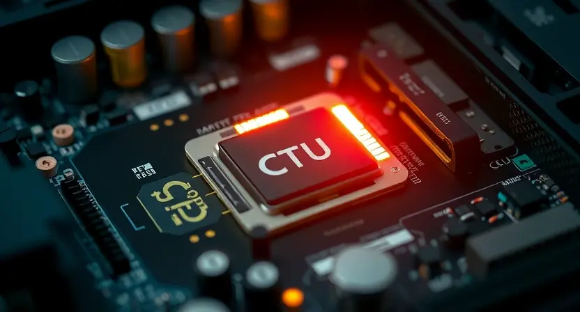 A computer motherboard with a highlighted CPU socket, showing a visual representation of a system error. Focus on the internal components and a subtle glow around the CPU area to indicate an issue. The background should be dark and slightly blurred to emphasize the motherboard.