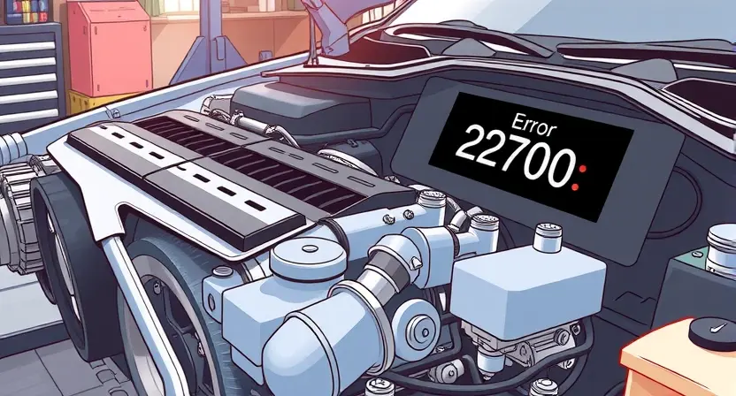 A detailed illustration of a car engine with a highlighted P2700 error code displayed on a digital dashboard. The engine should be realistically rendered, showing various components like pistons, valves, and belts. The dashboard should clearly show the error code and accompanying warning light. The background should be a slightly blurred garage setting.