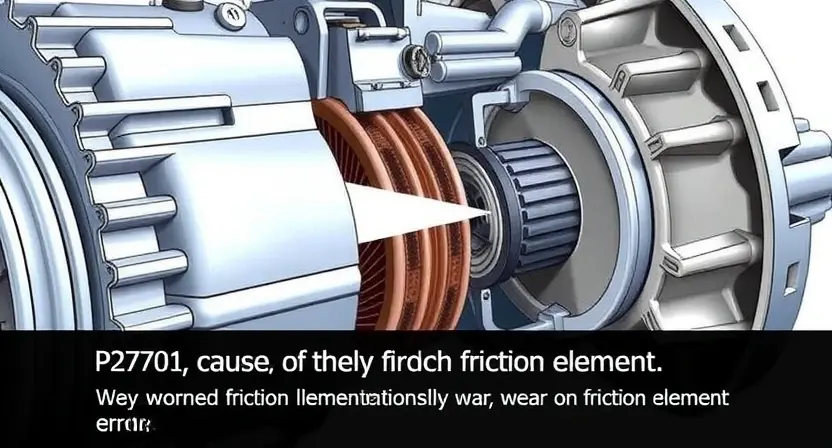 A detailed illustration of a transmission system with a worn friction element, highlighting the cause of the P2701 error. Include visual cues indicating wear and tear on the friction element, such as scoring or uneven wear. The background should be a clean, technical environment.