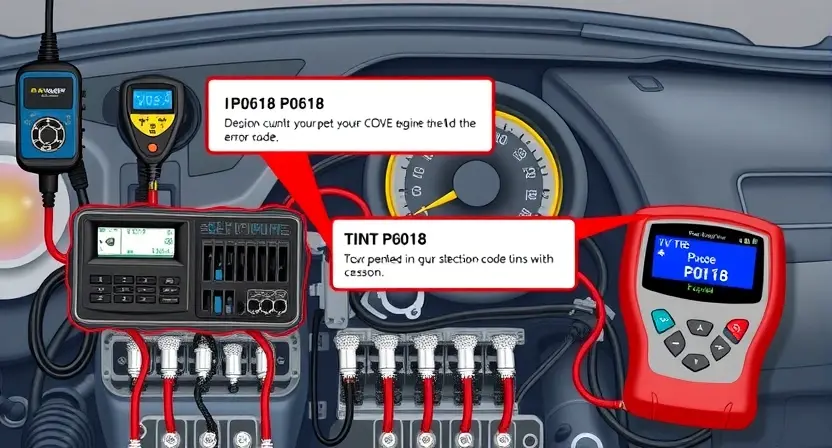 A detailed illustration of a car's engine control unit (ECU) with various diagnostic tools connected, highlighting the P0618 error code. The background should be a clean, technical environment.