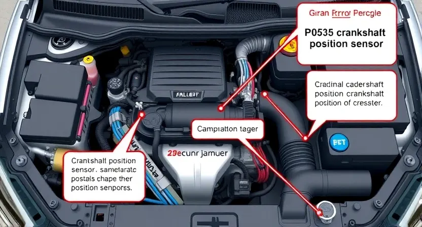 A detailed illustration of a car's engine bay, focusing on the diagnostic tools and potential causes of a P0535 error code. Include visual representations of relevant components like the crankshaft position sensor, camshaft position sensor, and wiring harnesses. The image should convey a sense of technical precision and problem-solving.