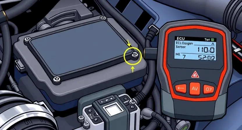 A close-up, detailed illustration of an engine control unit (ECU) with a highlighted oxygen sensor connected by a wiring harness. The sensor should be clearly visible, showing its electrical connector. A diagnostic tool is shown connected to the ECU, displaying a reading indicating an abnormal voltage. The background should be a clean, professional automotive workshop environment.