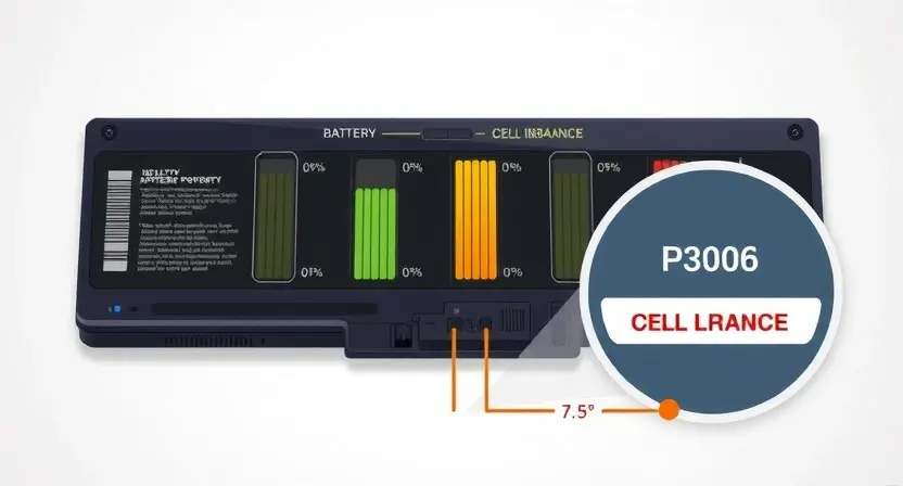 A detailed illustration of a laptop battery with a visual representation of cell imbalance. The image should show individual battery cells, some with higher and some with lower voltage levels, indicated by color gradients (e.g., green for healthy, yellow for moderate, red for low). A diagnostic icon or meter showing a P3006 error code should be subtly included. The background should be a clean, technical-looking surface.