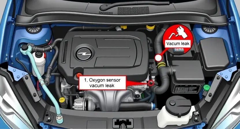 A detailed illustration of an Opel or Chevrolet car engine bay, highlighting the area related to the P1101 error code. Include visual cues representing potential causes like a loose gas cap, a faulty oxygen sensor, or a vacuum leak. Focus on technical details and clear labeling of components.