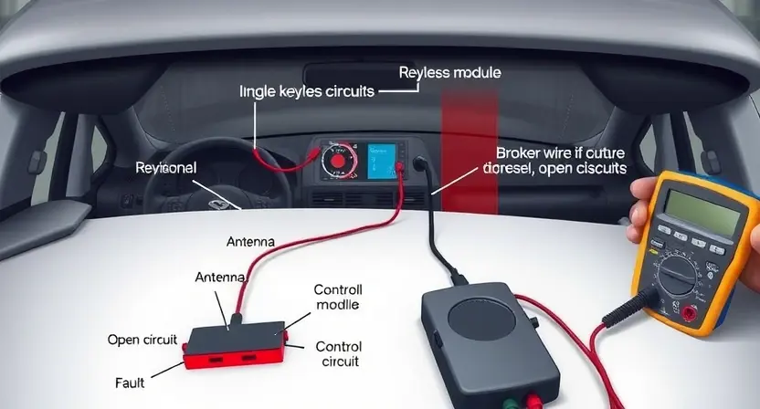 A detailed technical illustration showing the antenna circuit of a keyless entry system in a vehicle, with labeled components such as antenna, wiring harness, control module, and diagnostic tools like a multimeter or oscilloscope probing the circuit. Include visual indicators of a fault (e.g., broken wire, corrosion, or open circuit) highlighted in red. The background is a clean automotive workshop setting with soft lighting, emphasizing precision and troubleshooting. No text, letters, or digits