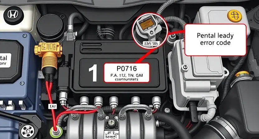 A detailed illustration of a car's engine control unit (ECU) with various sensors and wiring, highlighting the P0716 error code indicator. The image should be scientifically accurate and visually clear, showcasing the components related to the issue.