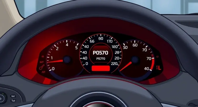 A detailed illustration of a car dashboard with the check engine light illuminated, indicating a P0570 error code. The dashboard should show various gauges and indicators, with a focus on the brake system warning light. The car's interior should be modern and clean, with a neutral color scheme.