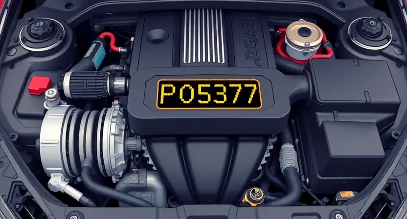 A detailed illustration of a car engine with a highlighted error code P0537. The engine should be realistically rendered, showing various components like pistons, valves, and sensors. The error code should be clearly displayed on a digital display within the engine bay.