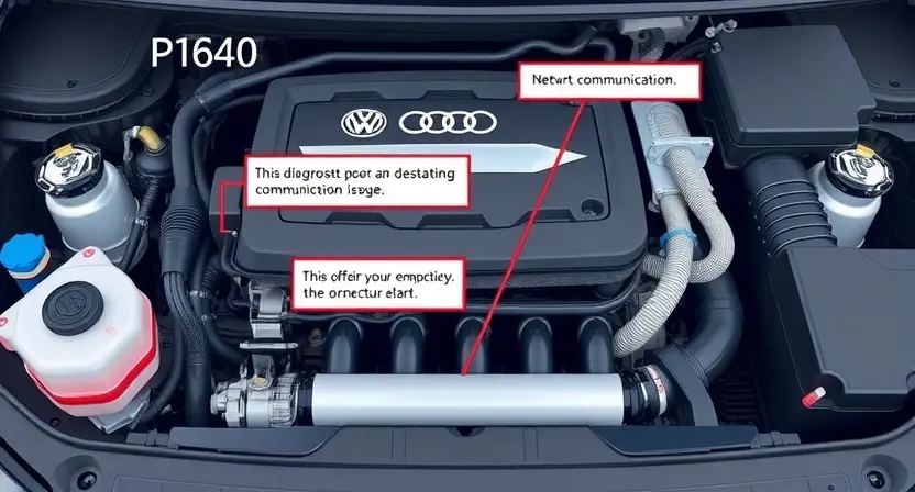 A detailed illustration of a modern VAG (Volkswagen Audi Group) vehicle's engine bay. Focus on the diagnostic port and wiring harness related to the P1640 error. Include subtle visual cues suggesting a network communication issue, such as faint, abstract lines representing data flow. The overall composition should be clean and informative, highlighting the relevant components without being overly cluttered. The engine should be partially visible, showcasing its complexity without distracting fro