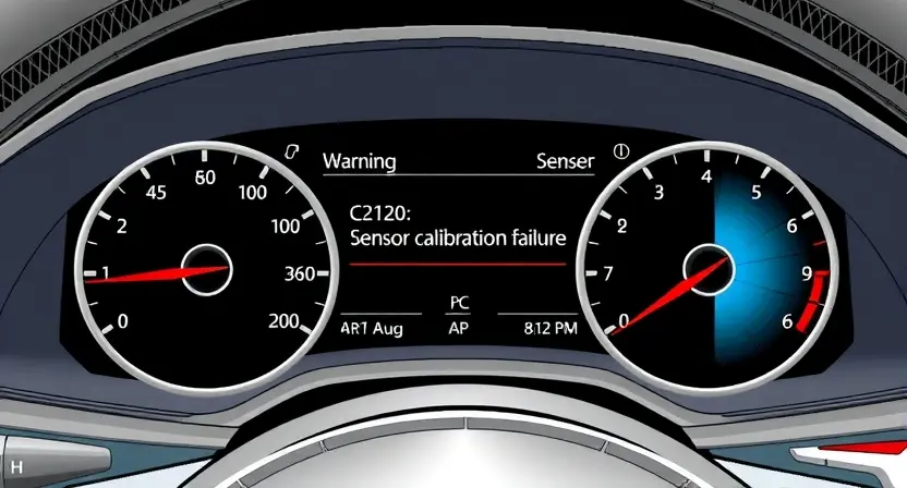 A detailed technical illustration of an automotive dashboard displaying an error message 'C2120: Sensor calibration failure' related to longitudinal acceleration. The dashboard should show the error message prominently, along with visual representations of the longitudinal acceleration sensor and its calibration process. Include warning lights and diagnostic indicators.