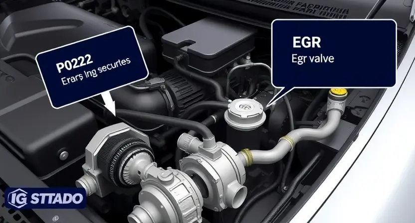 A detailed illustration of a car's engine bay with the P0222 error code highlighted on a diagnostic screen. Focus on the components related to the EGR system, such as the EGR valve, intake manifold, and vacuum lines. The background should be slightly blurred to emphasize the engine components.