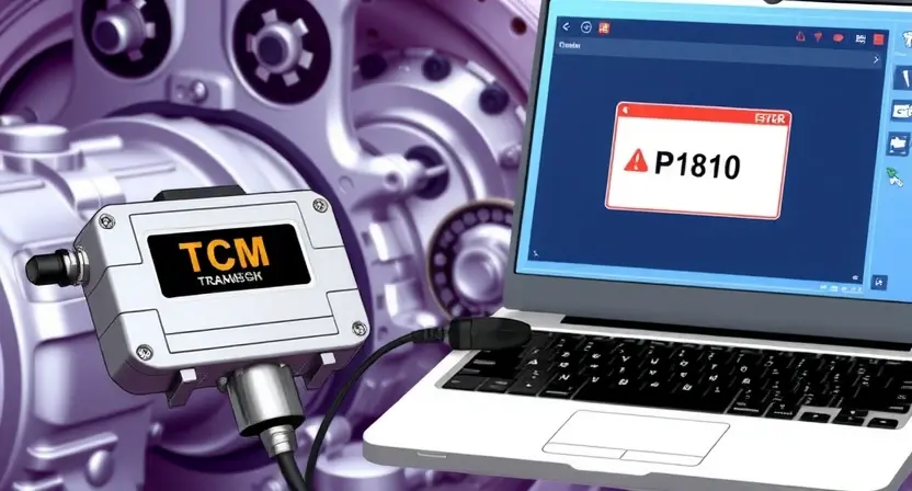 A close-up, detailed illustration of an automatic transmission (AT) diagnostic scan in progress. Focus on the transmission control module (TCM) connected via a diagnostic cable to a laptop displaying a screen with the error code 'P1810' highlighted. The background should subtly show internal transmission components, emphasizing the electronic diagnostic process. The lighting should be bright and clean, highlighting the technical details.