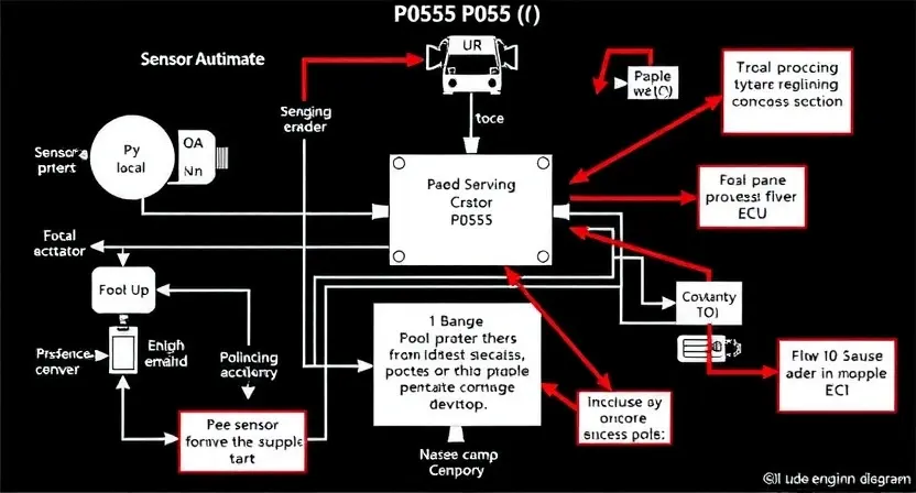 A detailed schematic diagram illustrating the P0555 error code in a vehicle's engine control unit (ECU). The diagram should show the relevant sensors, actuators, and potential causes of the code, with arrows indicating the flow of data. Include visual representations of the components and their connections.