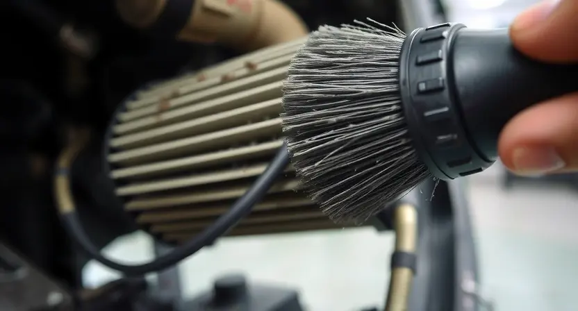 A close-up, detailed image of a car's diesel particulate filter (DPF) being cleaned. The DPF should be visibly dirty with soot buildup, and a cleaning tool (like a brush or cleaning device) should be shown in action, removing the soot. Focus on the texture of the soot and the DPF material. The background should be a clean, well-lit garage environment.