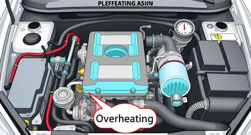 A detailed illustration of an engine bay with a visual representation of coolant flow. Include hoses, radiator, water pump, and temperature gauge. Highlight the area where overheating might occur.