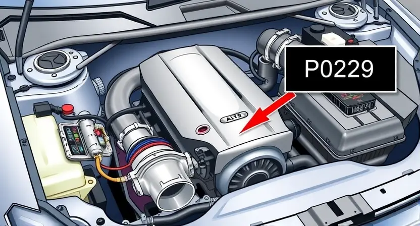 A detailed illustration of a car's engine bay with a focus on the catalytic converter and associated wiring. The catalytic converter should be clearly visible, and the wiring should be depicted in a way that suggests a potential issue. Include a visual representation of the P0229 error code displayed on a dashboard or diagnostic screen. The overall scene should be realistic and informative, suitable for a technical guide.