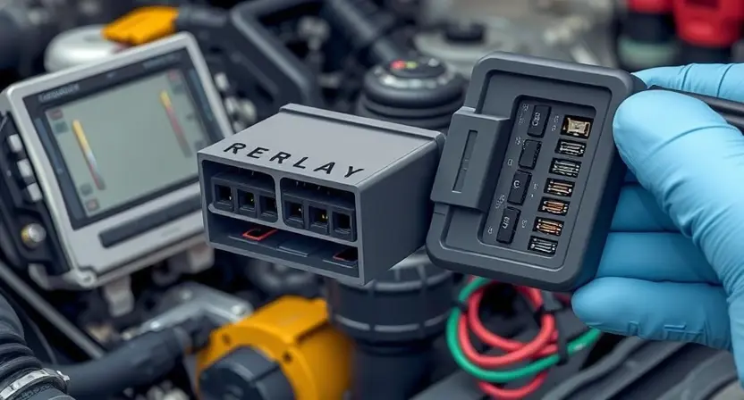 A close-up, detailed illustration of an automotive engine control unit (ECU) relay being inspected. Focus on the relay's terminals and internal components. Include wiring connections and a diagnostic tool connected to the relay. The background should be a slightly blurred automotive repair shop environment.