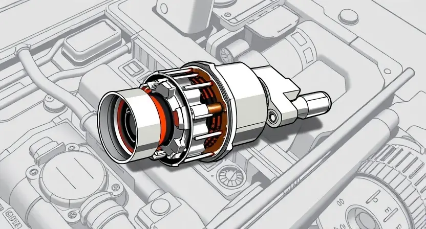 A detailed technical illustration of an ABS exhaust valve solenoid malfunction, showing a cross-section of the solenoid with visible internal damage such as burnt coil, stuck plunger, or debris obstruction, set against a clean automotive engineering background with subtle diagnostic tool icons (like OBD-II scanner and multimeter) faintly visible in the periphery, no text or labels, high precision linework and shading