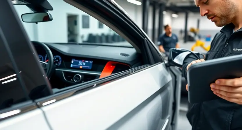 A modern car interior with a focus on the keyless entry system, showing a key fob near the door handle, dashboard warning light displaying 'B2112', and a mechanic using a diagnostic tablet to troubleshoot the system, all in a clean, well-lit garage environment with technical details visible