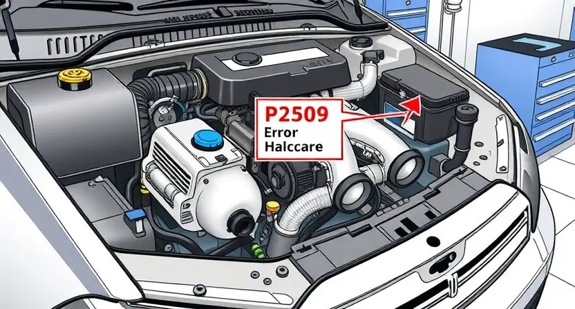 A detailed illustration of a car engine with a highlighted error code P2509. The engine should be partially disassembled to show the relevant components. Include visual cues indicating potential causes of the error, such as a faulty sensor or wiring. The background should be a clean, professional workshop environment.