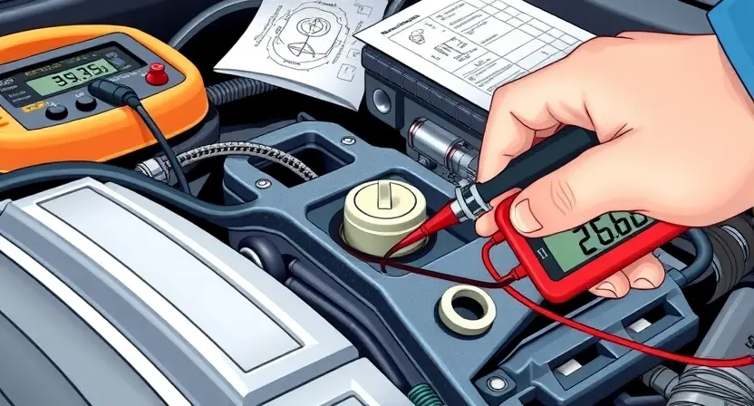 A close-up, detailed illustration of an automotive engine bay. Focus on the oxygen sensor and its wiring harness. Show a mechanic using an ohmmeter to test the continuity of the wiring. The engine should be clean and well-lit, highlighting the sensor and wiring. Include diagnostic tools like a multimeter and wiring diagrams subtly in the background. The overall impression should be one of precision and technical expertise.