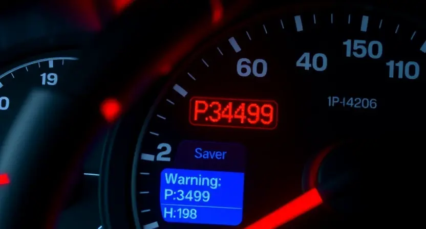 A close-up shot of an automotive dashboard displaying warning lights, specifically highlighting a P3499 error code indicator. The dashboard should be well-lit, showing the details of the warning lights and the error code. The background should be slightly blurred to focus on the dashboard.