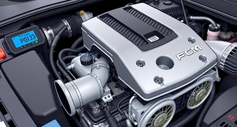 A detailed illustration of a car engine with a diagnostic error code P0233 highlighted. The engine should be realistically rendered, showing various components like the catalytic converter, oxygen sensors, and PCM. The error code should be clearly visible on a digital display near the engine.